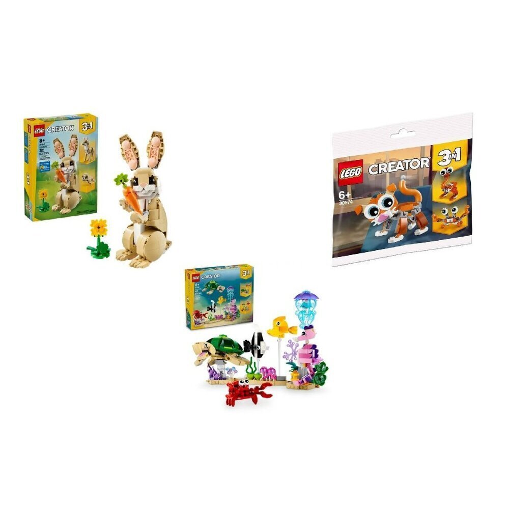 3 Lego Creator Sets: 30574 Cute Cat, 31158 Sea Animals, 31162 Cute Bunny